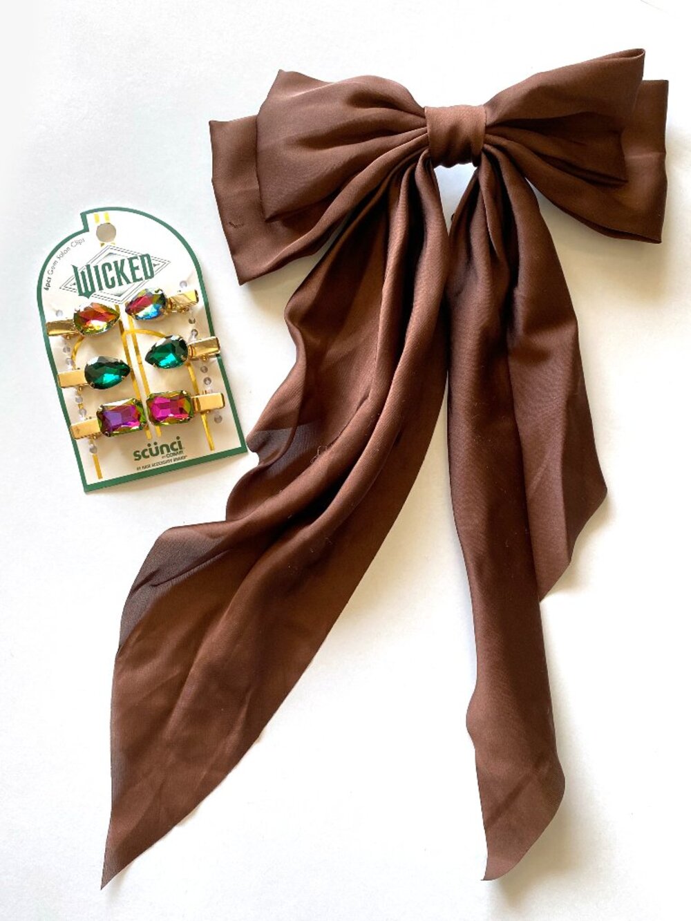 Brown Satin Oversized Hair Bow Clip Long Tail Ribbon Barrette + Gem Clips Set